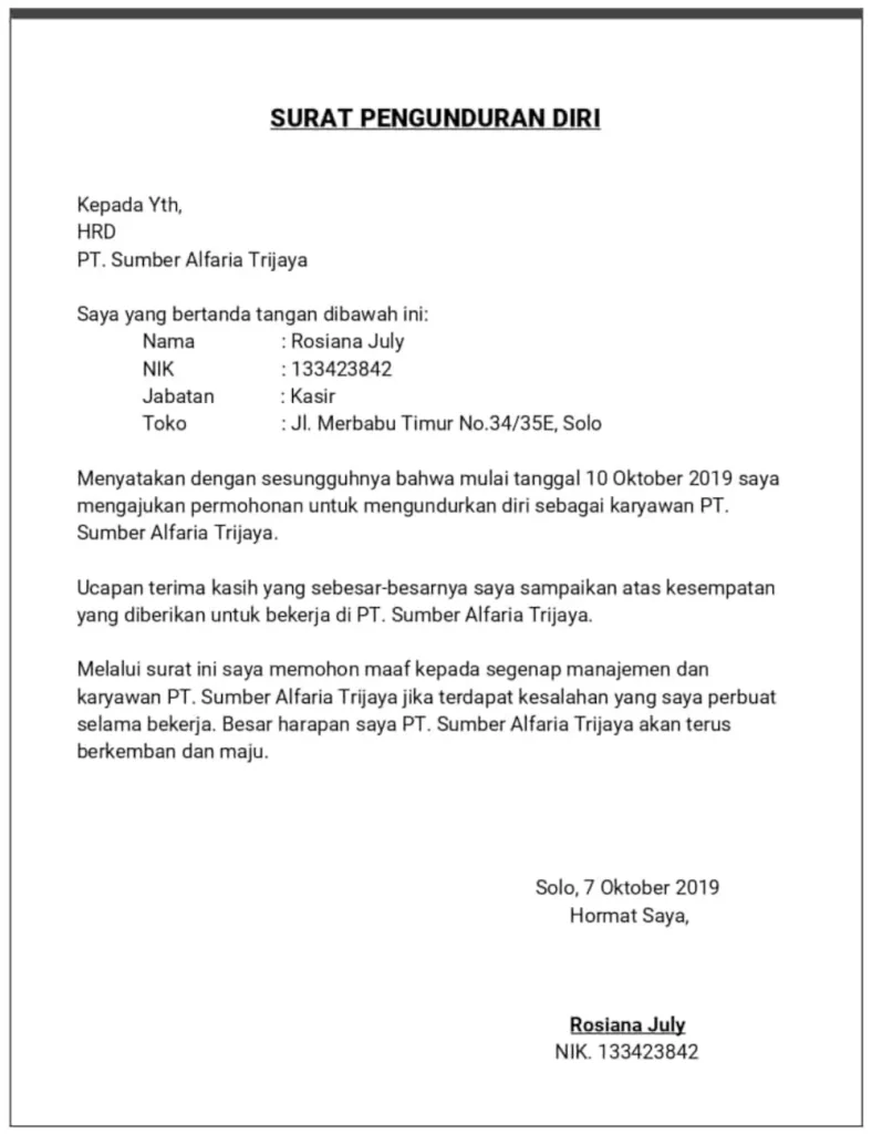 surat pengunduran diri