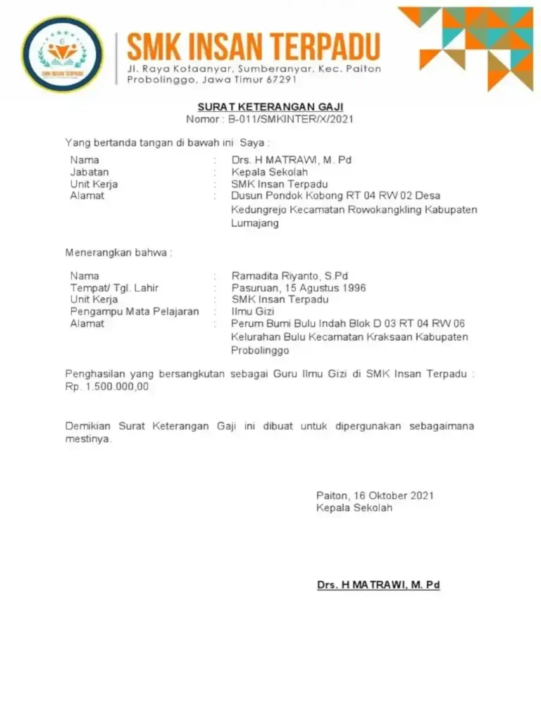 contoh surat keterangan gaji