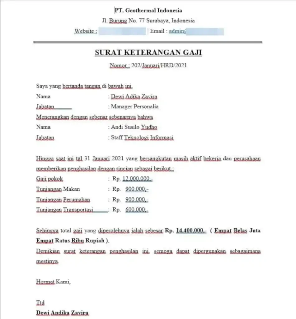 contoh surat keterangan gaji