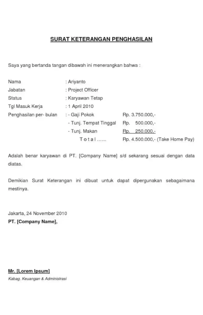 contoh surat keterangan gaji