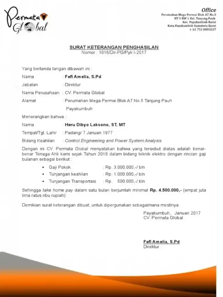 contoh surat keterangan gaji