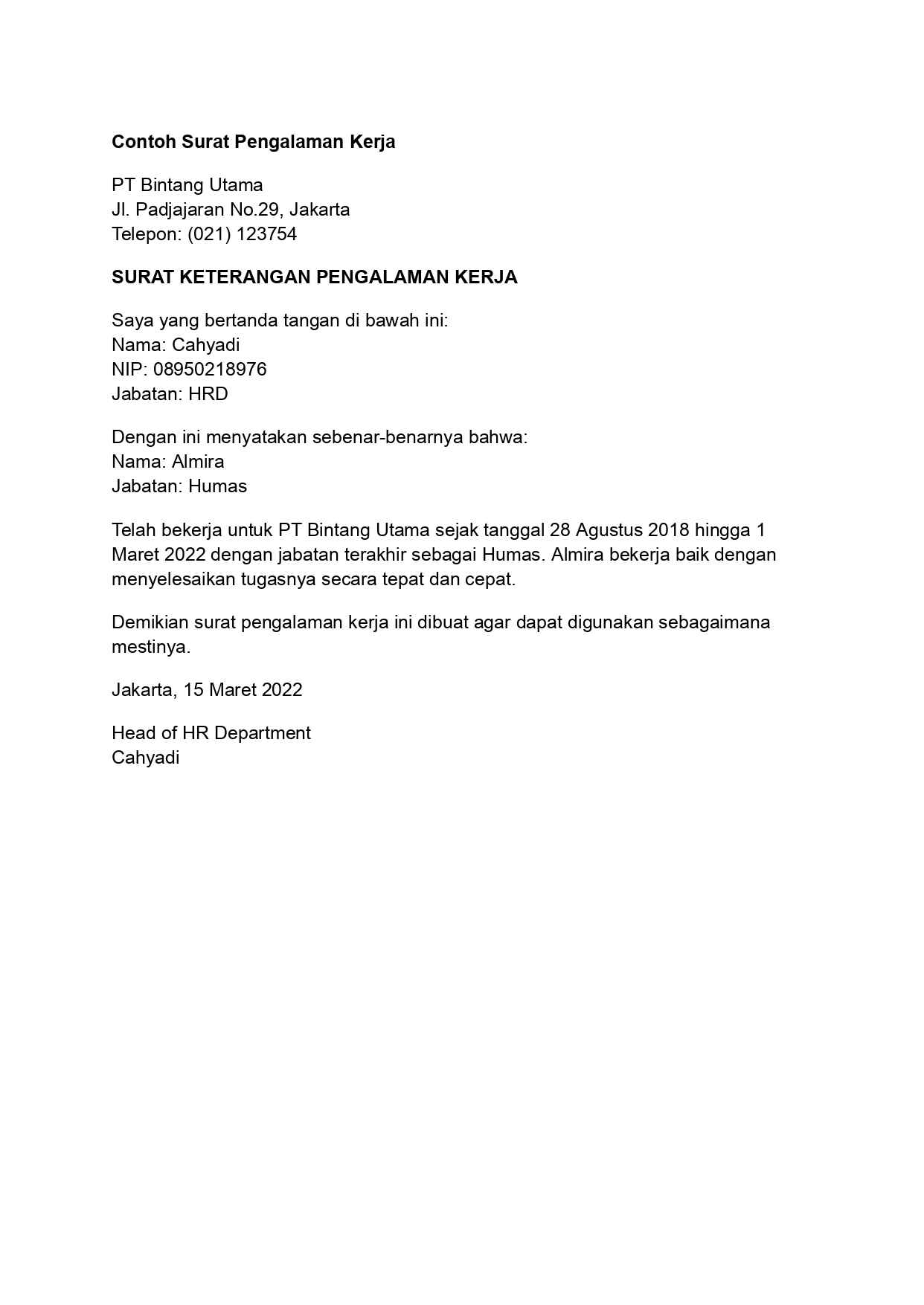 contoh surat pengalaman kerja 1