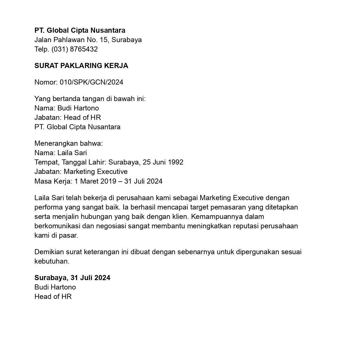 contoh surat plakaring marketing executive 