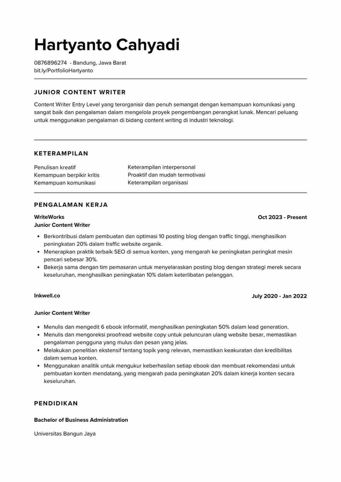 template CV gratis content writer