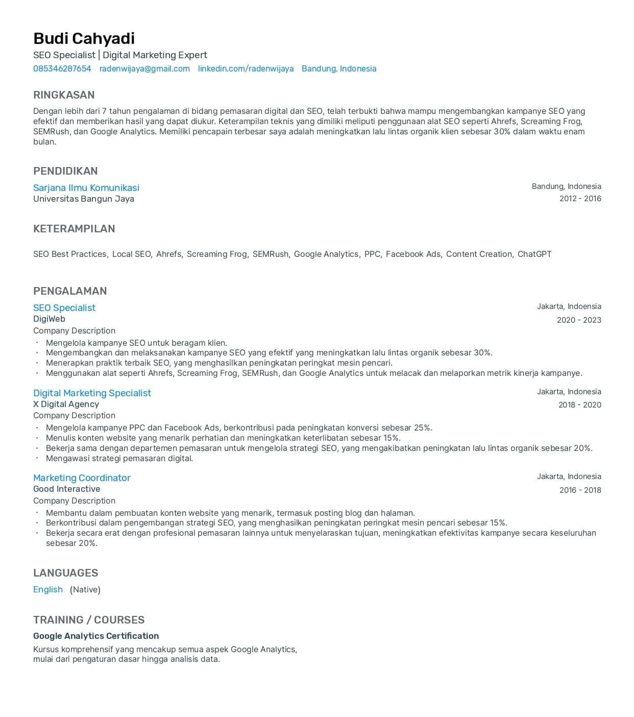 template CV gratis seo specialist