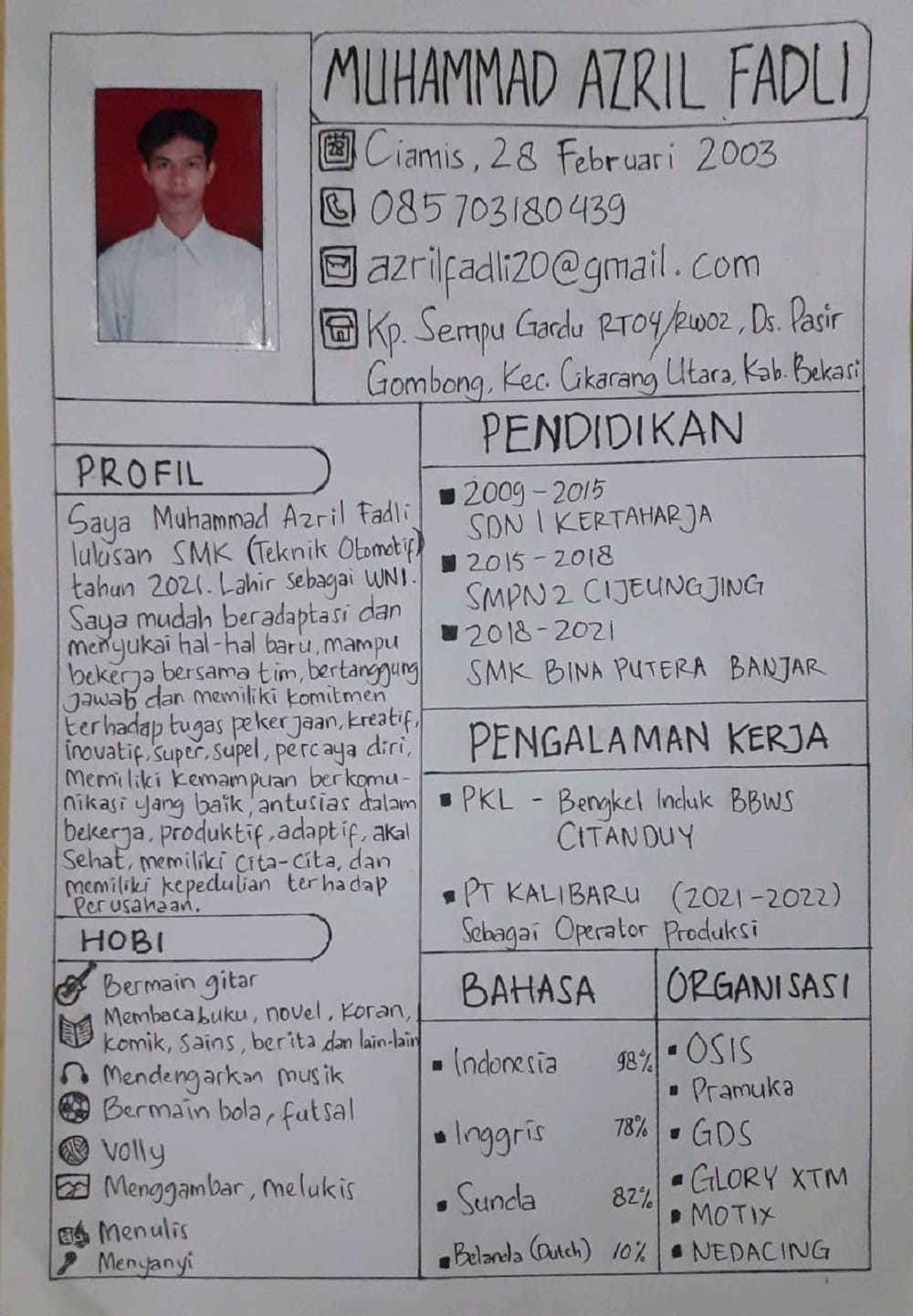 Contoh CV tulis tangan