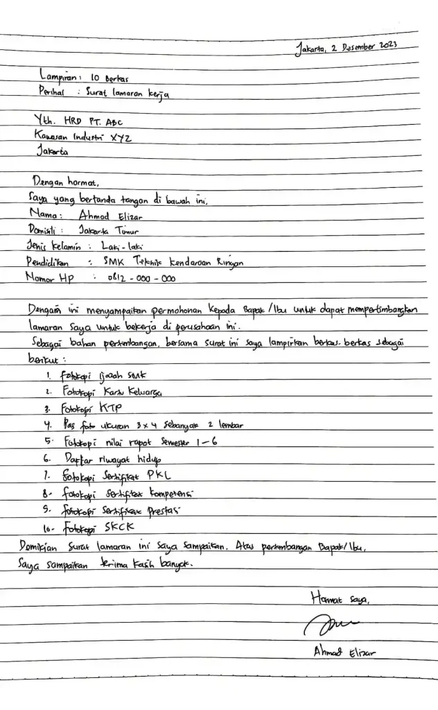 surat lamaran kerja tulis tangan