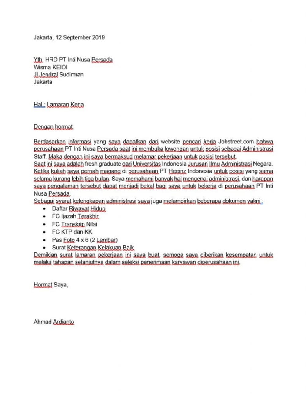 Contoh Surat Lamaran Kerja