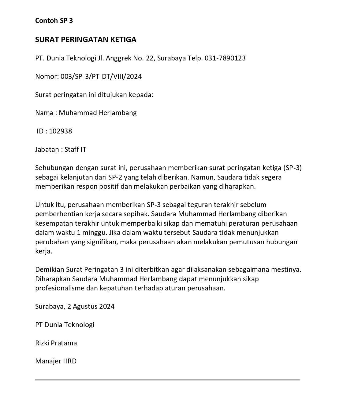 contoh surat teguran karyawan SP 3