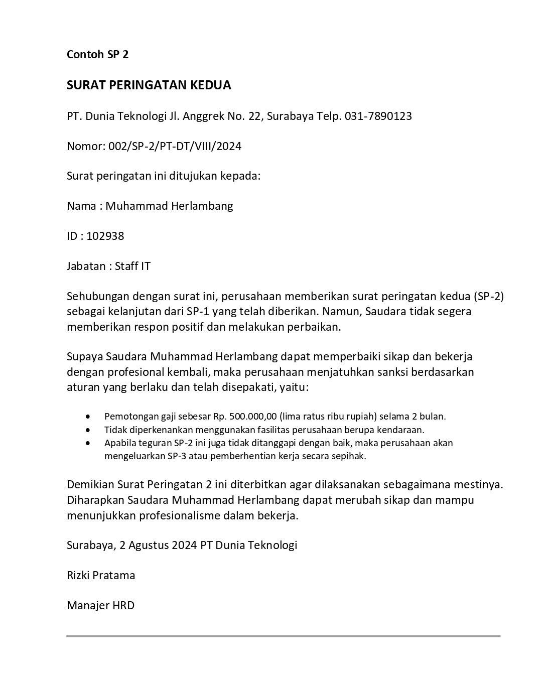 contoh surat teguran karyawan SP 2