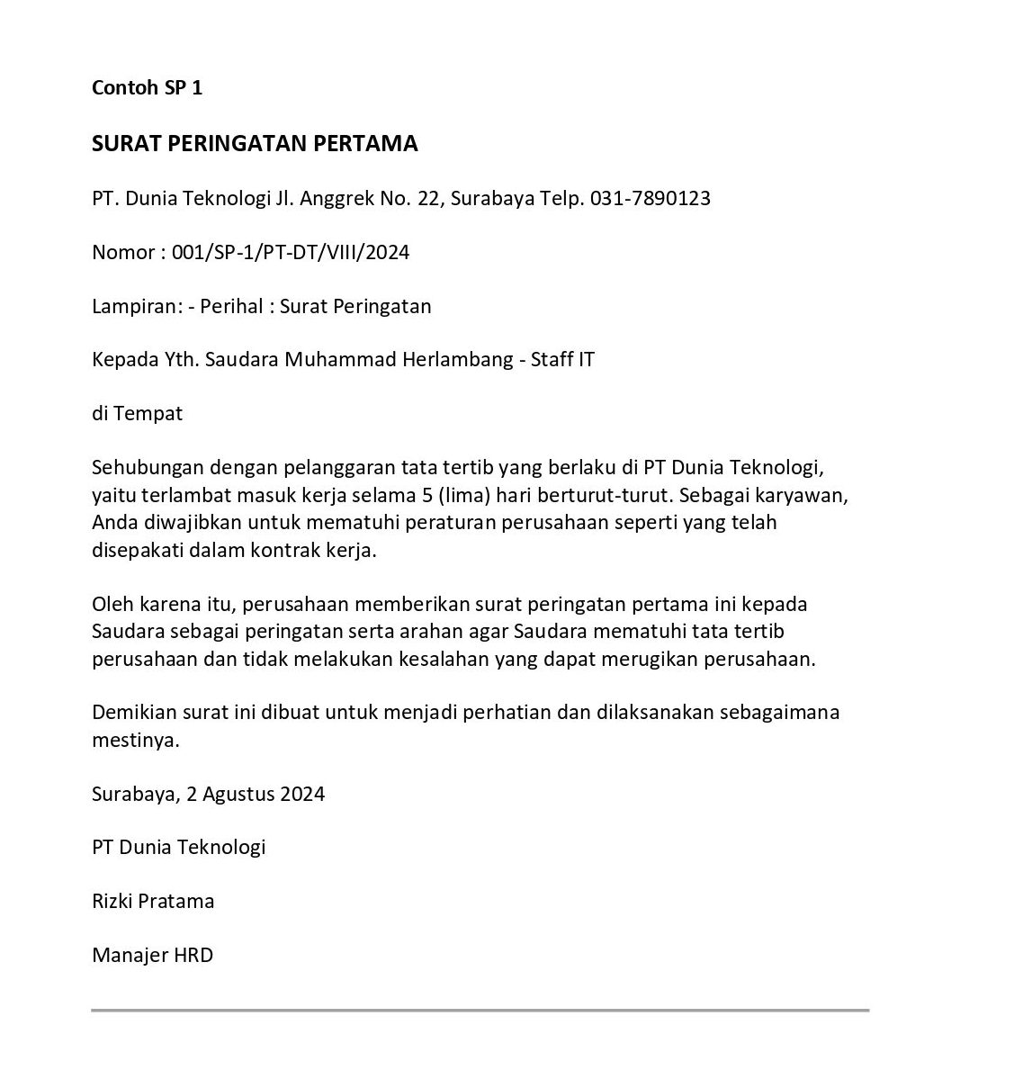 contoh surat teguran karyawan 1