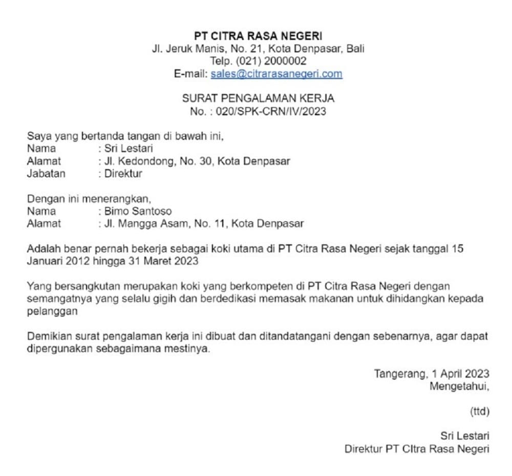 surat pengalaman kerja koki