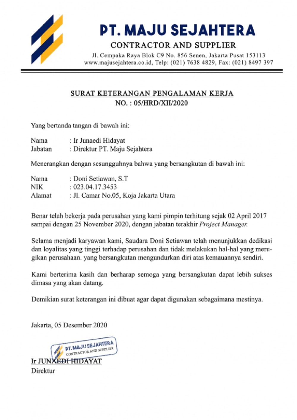 surat pengalaman kerja