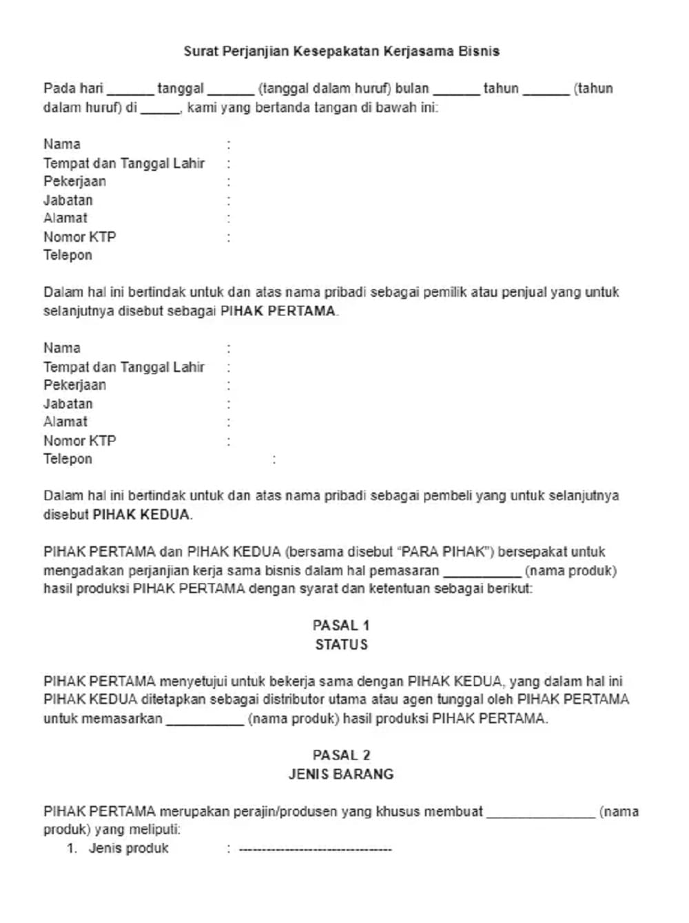 surat perjanjian kesepakatan