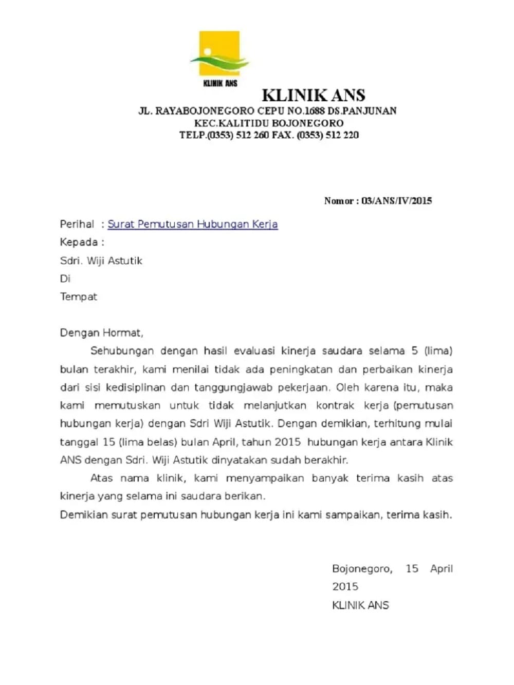 contoh surat PHK karyawan