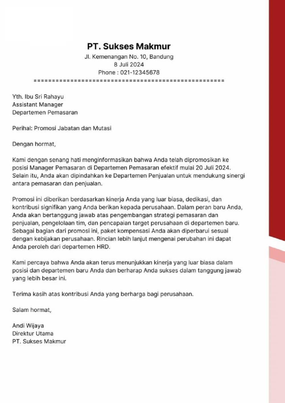 Contoh Surat Promosi Jabatan