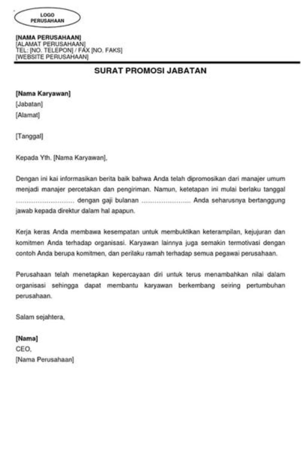 Contoh Surat Promosi Jabatan