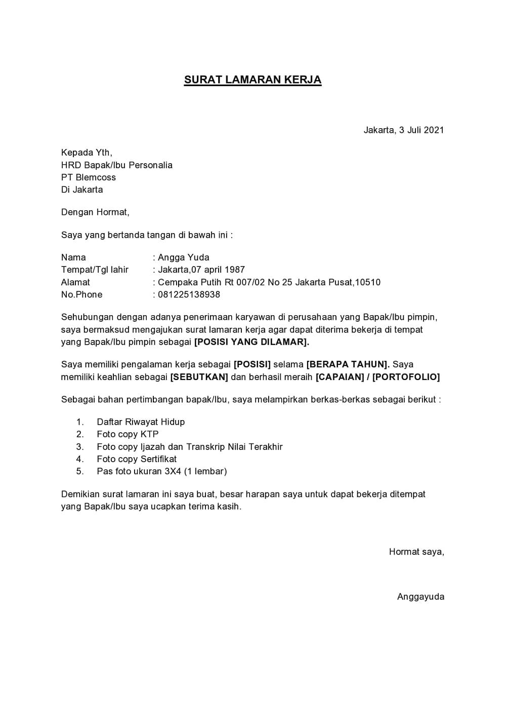 surat aplikasi kerja