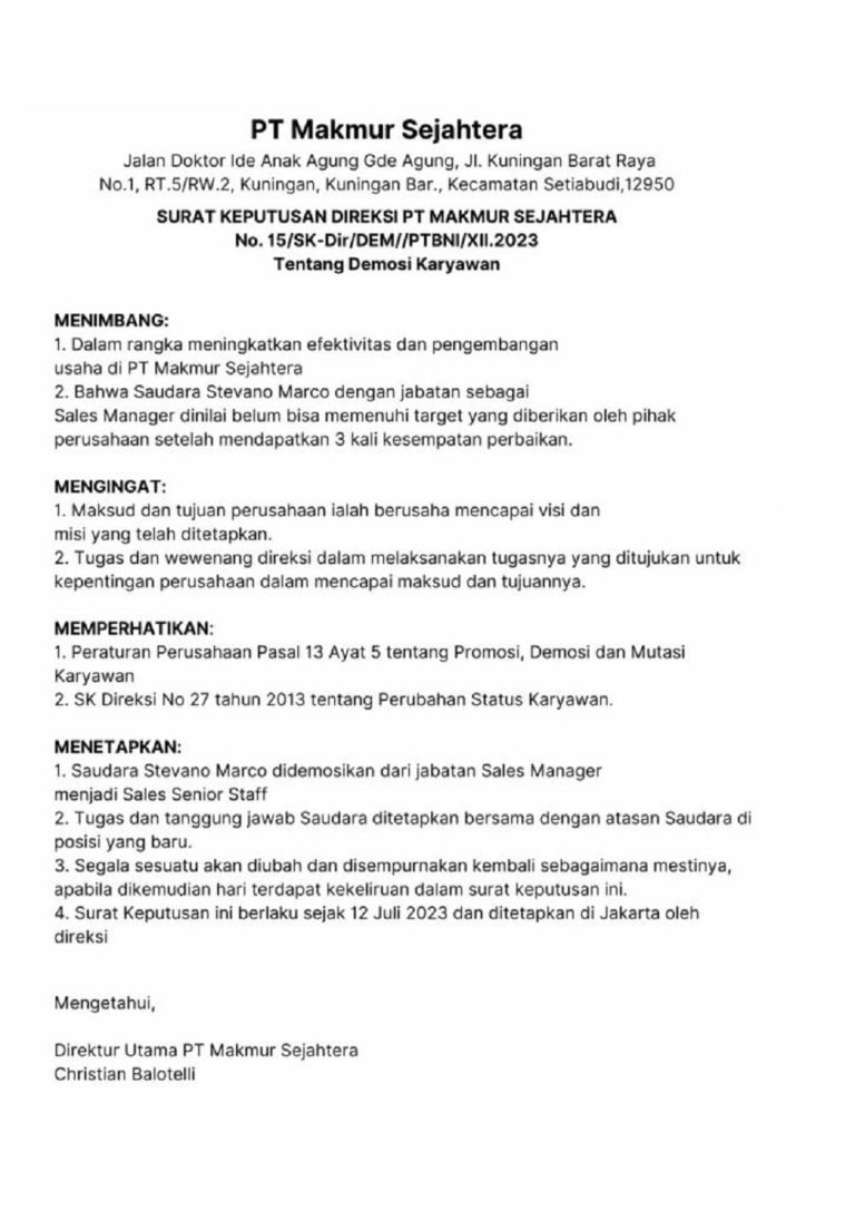 Surat Demosi Karyawan: Pengertian, Struktur dan Contohnya