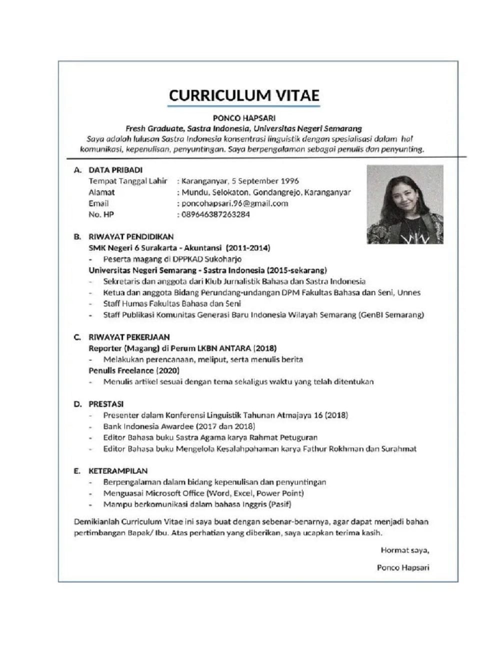 contoh CV mahasiswa