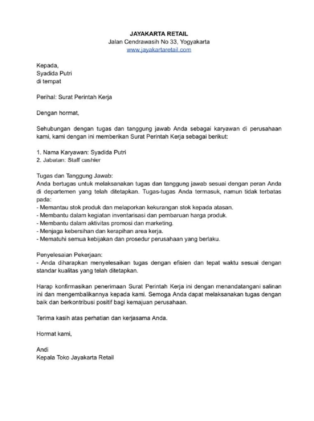 Contoh Surat Perintah Tugas