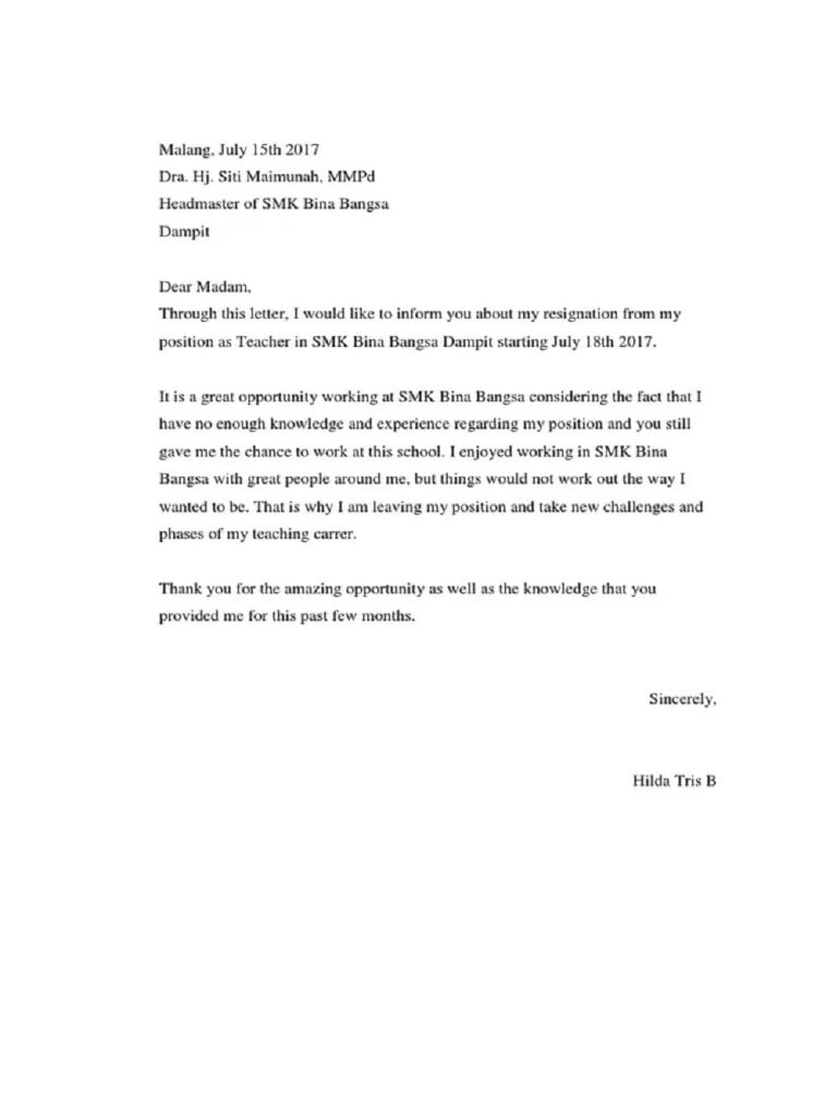 Contoh Surat Resign Bahasa Inggris