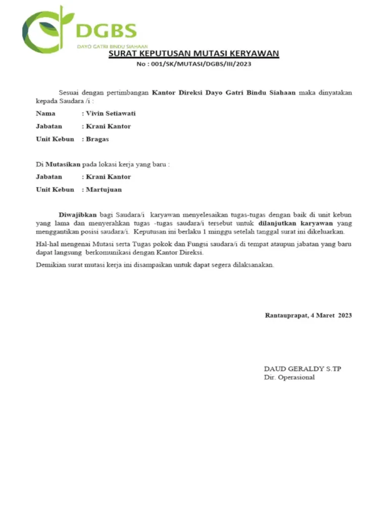 surat mutasi kerja