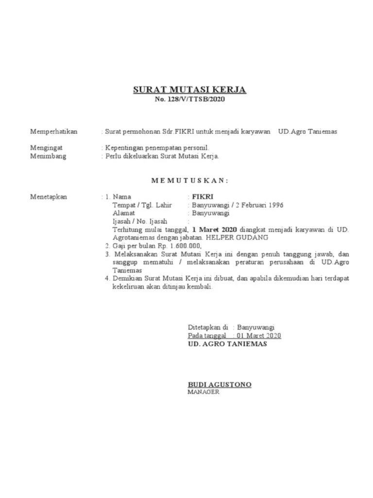 surat mutasi kerja