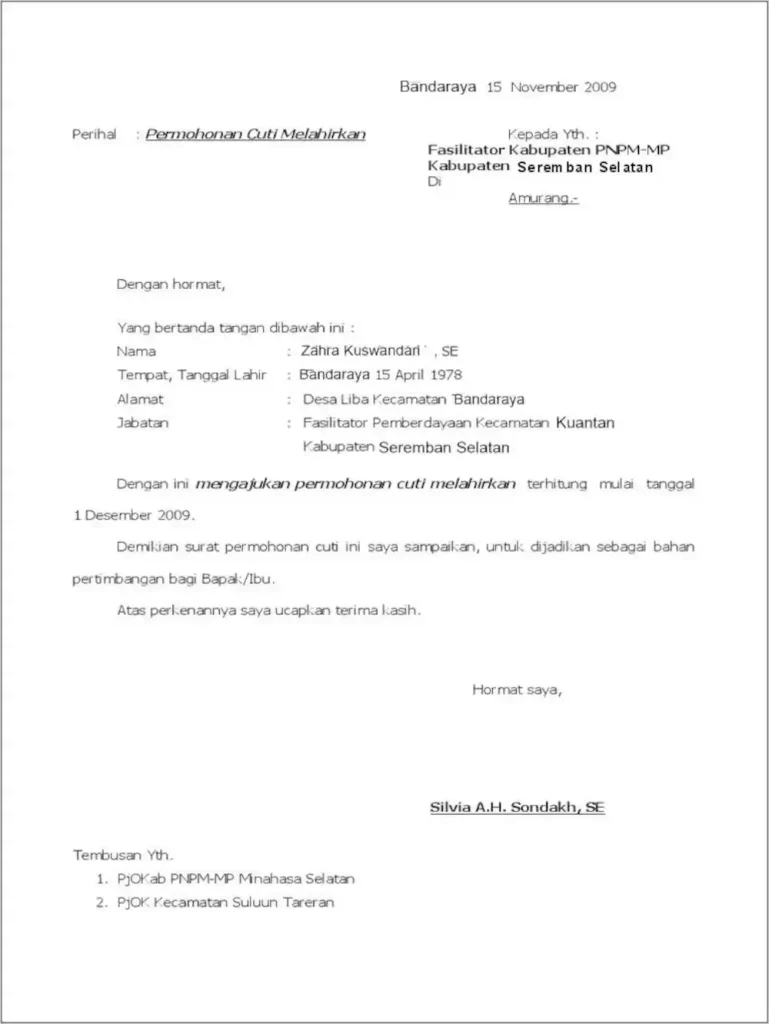 contoh surat cuti melahirkan