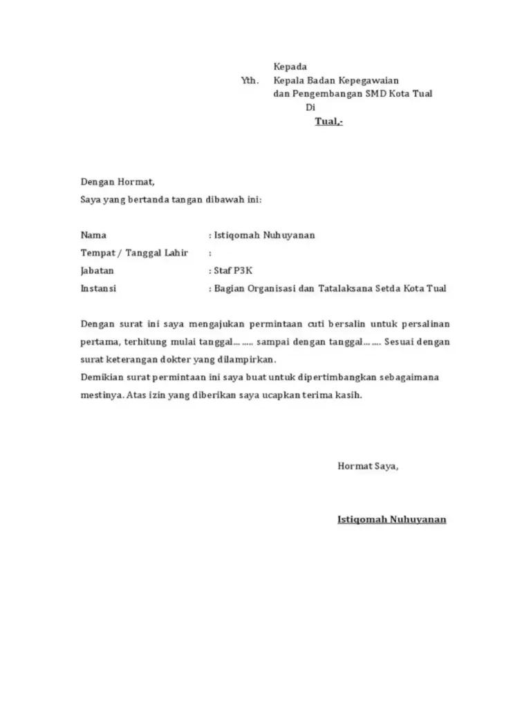 contoh surat cuti melahirkan