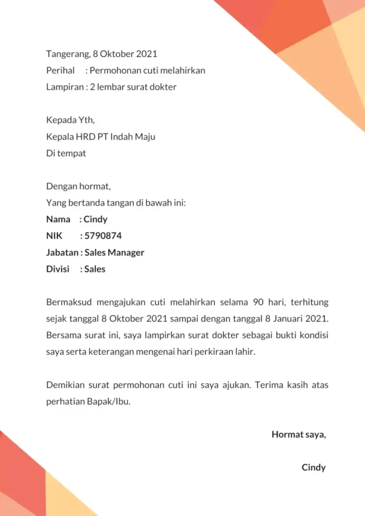 contoh surat cuti melahirkan
