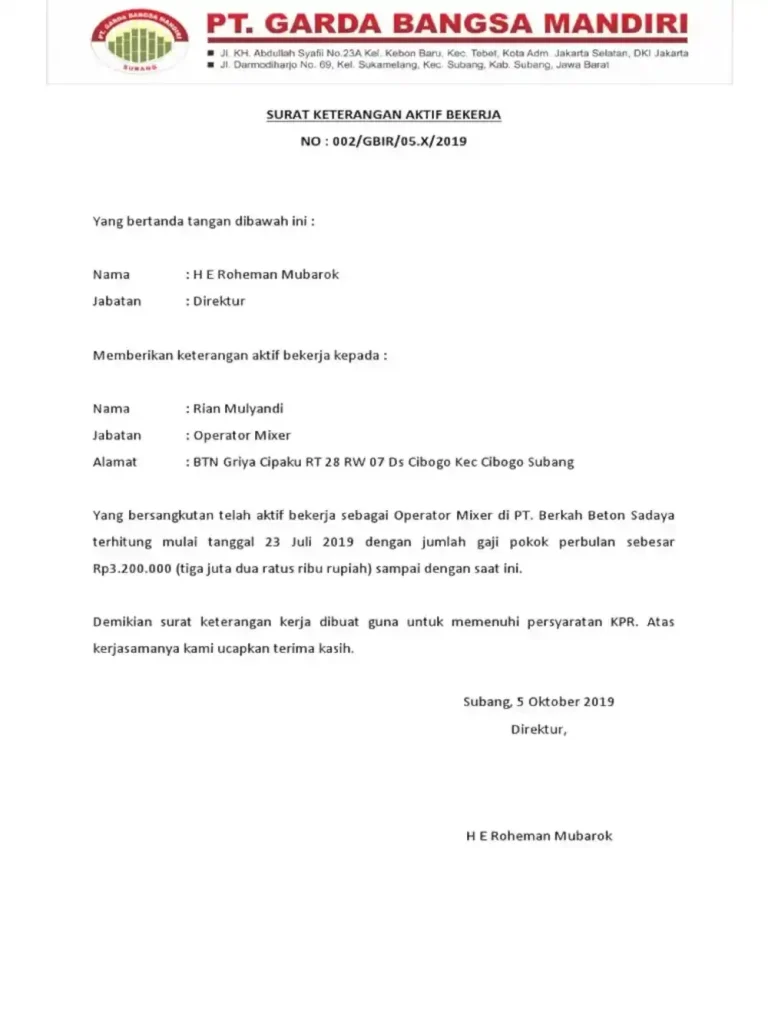 surat keterangan aktif bekerja