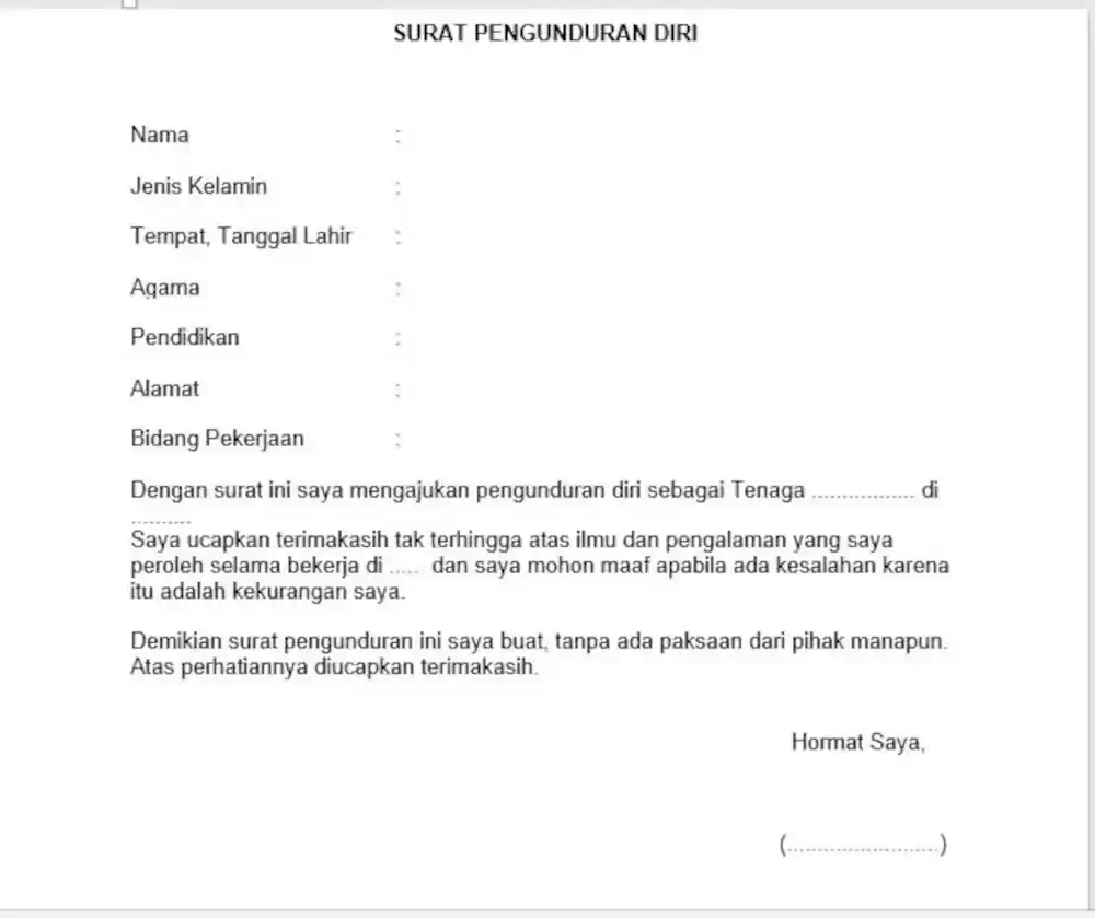contoh surat pengunduran diri karyawan