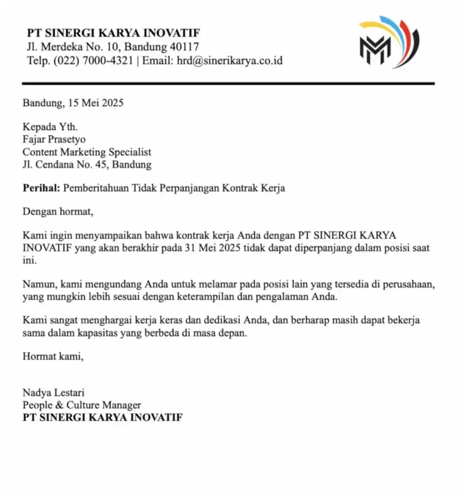 contoh surat habis masa kontrak kerja