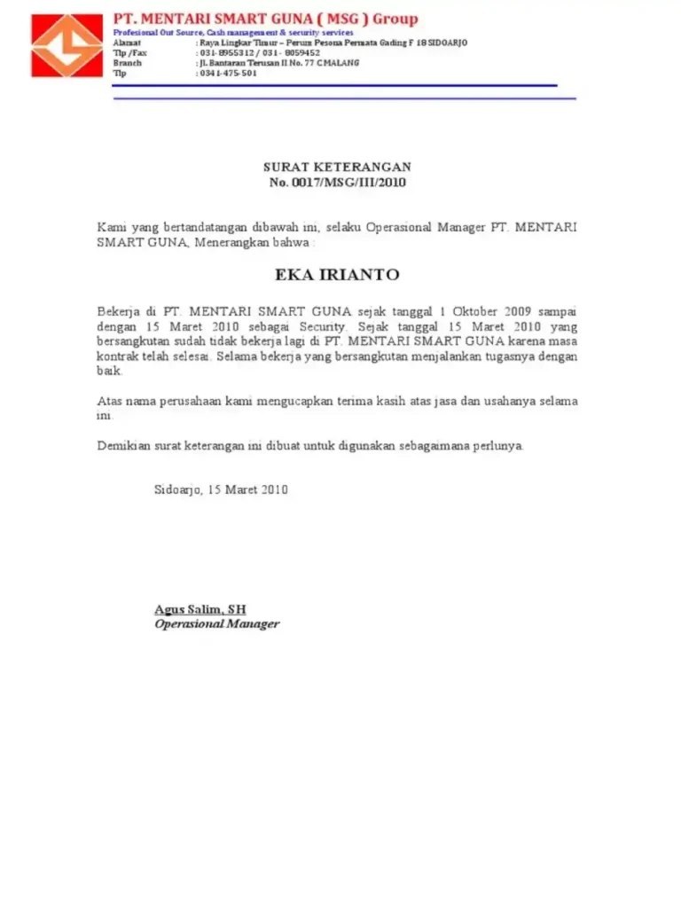 contoh surat habis masa kontrak kerja