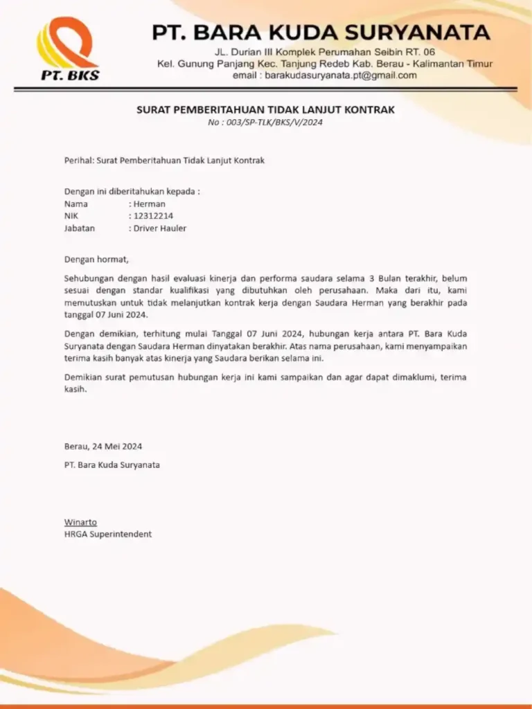 contoh surat habis masa kontrak kerja