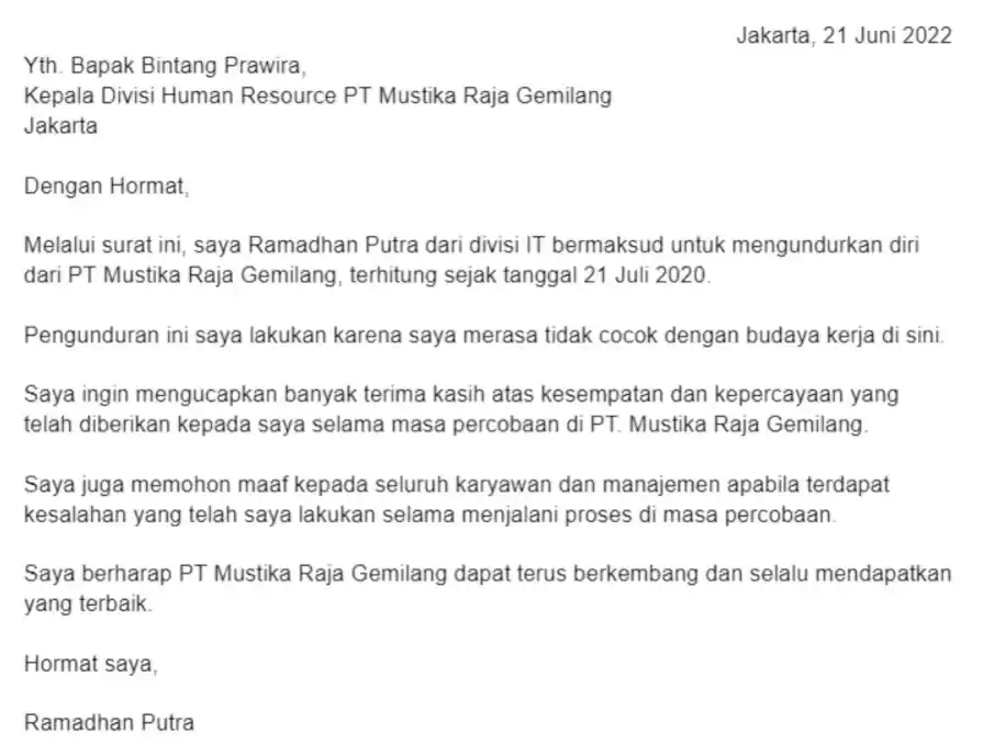 contoh surat pengunduran diri karyawan