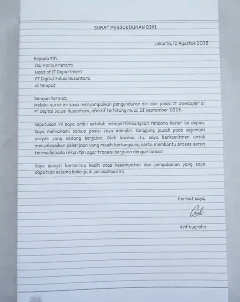 contoh surat pengunduran diri karyawan