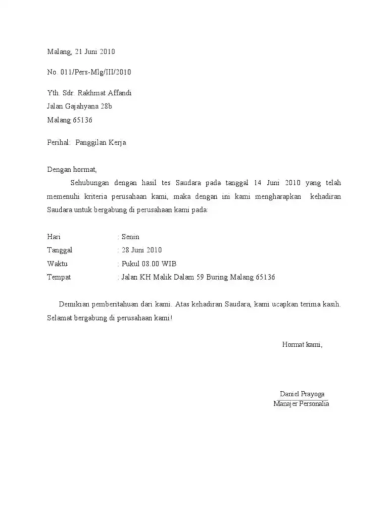 contoh surat panggilan interview