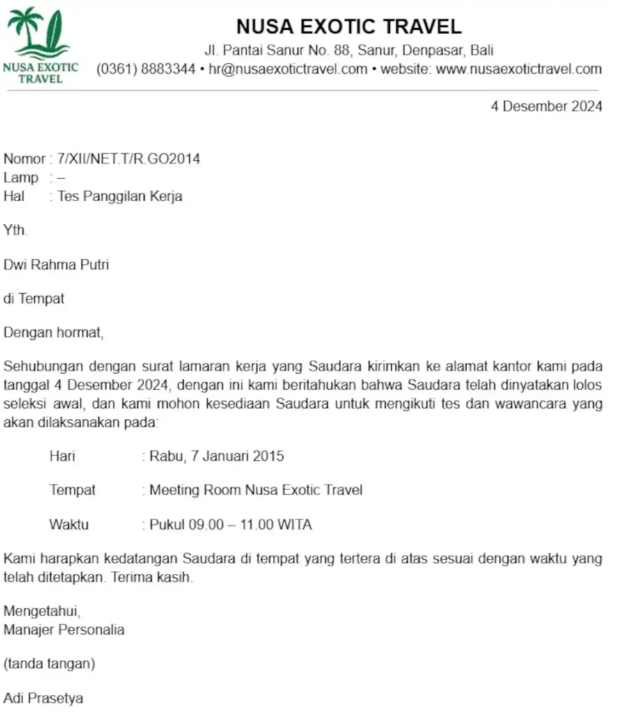 contoh surat panggilan interview