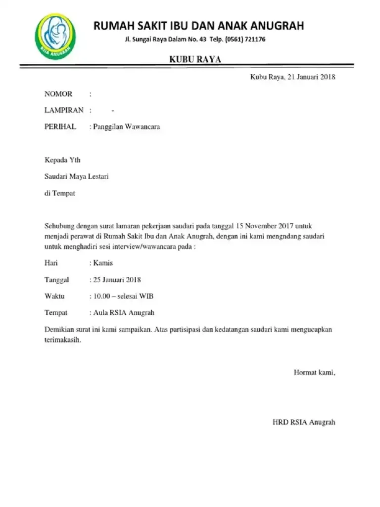 contoh surat panggilan interview