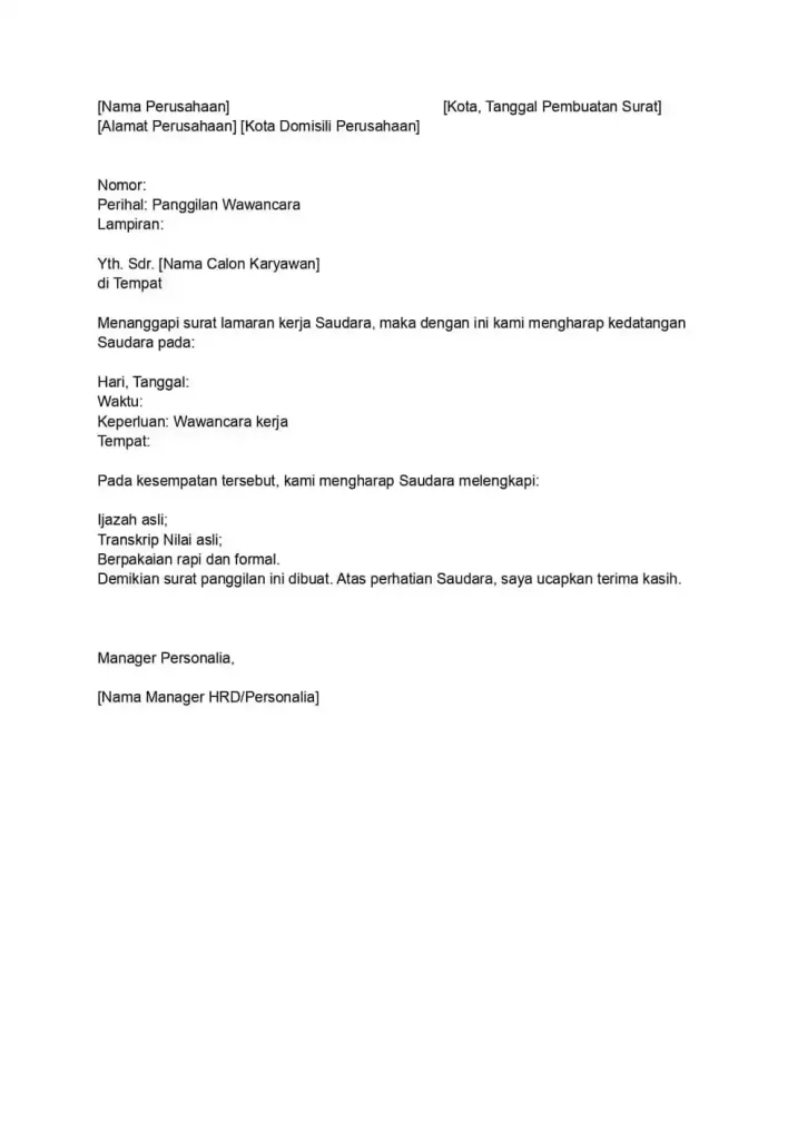 contoh surat panggilan interview