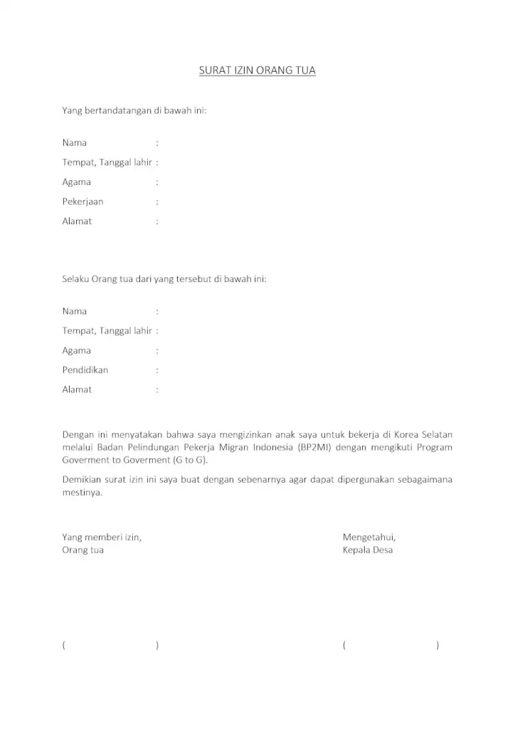 contoh surat izin orang tua untuk bekerja
