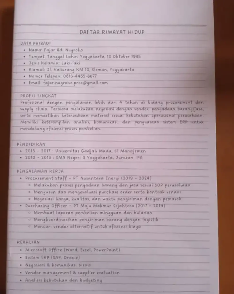 daftar riwayat hidup tulis tangan