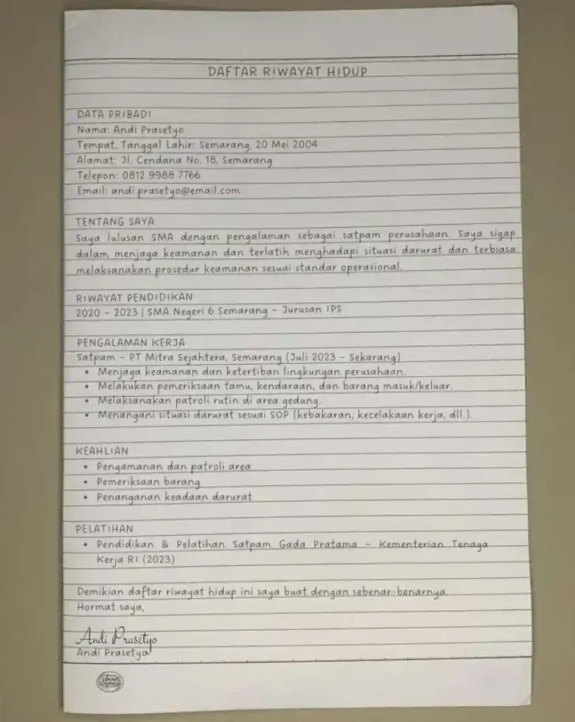 daftar riwayat hidup tulis tangan