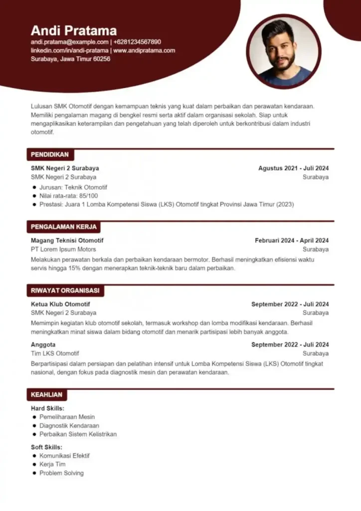 Contoh CV Fresh Graduate SMK