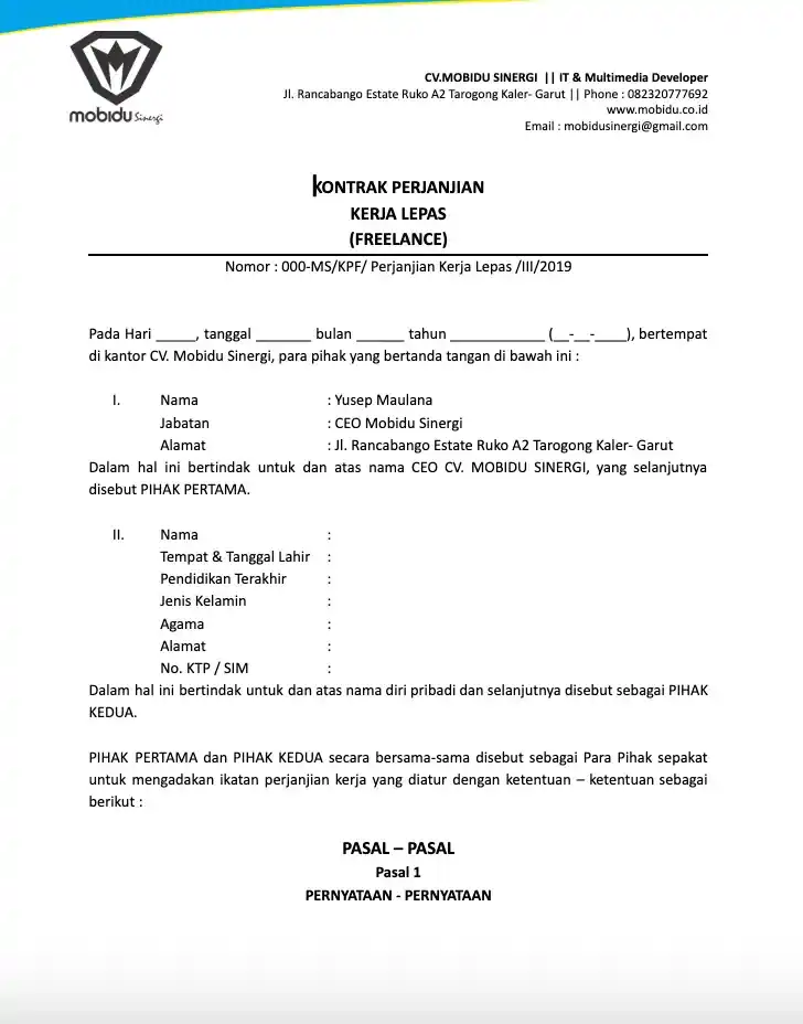 contoh kontrak kerja freelance