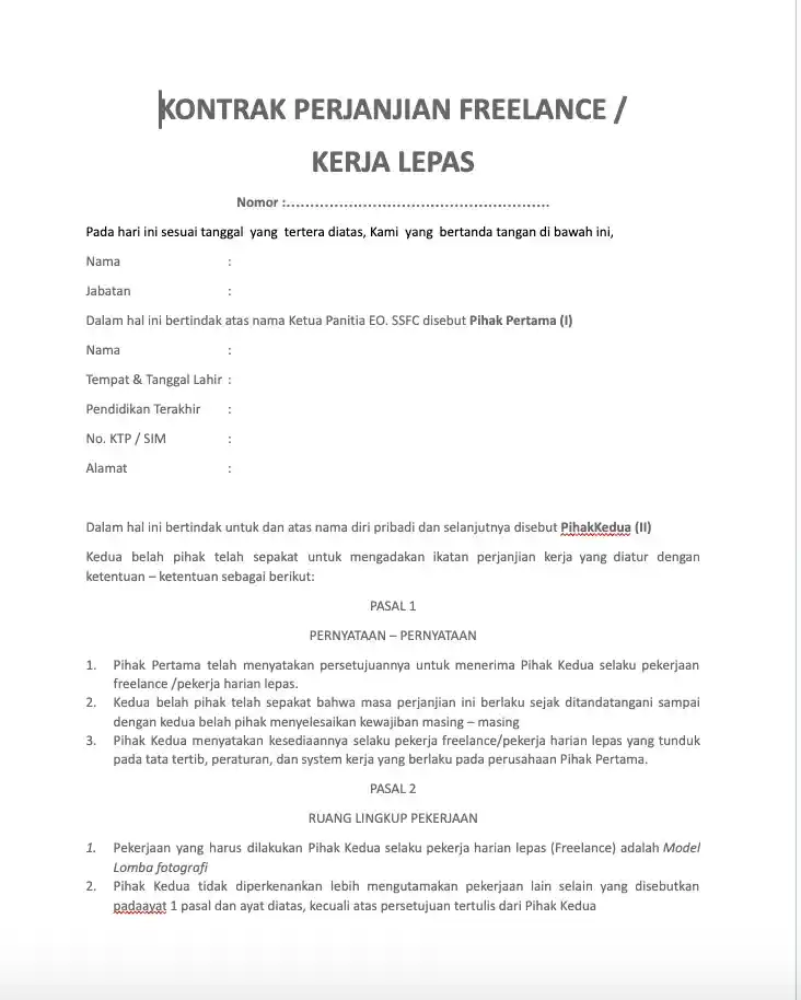 contoh kontrak kerja freelance