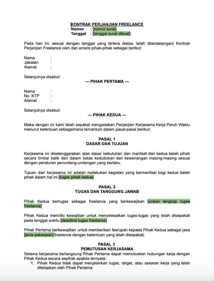 contoh kontrak kerja freelance