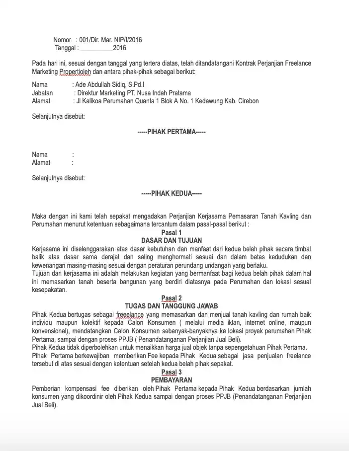 contoh kontrak kerja freelance